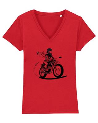 Fille Au Guidon TEE-SHIRT MOTARDE COL V ROUGE